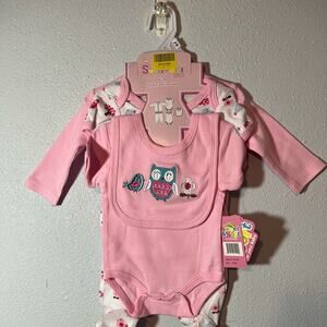 NWT Sweet & Soft Pink & White Owl 5 Piece Layette Set 0-3 Months